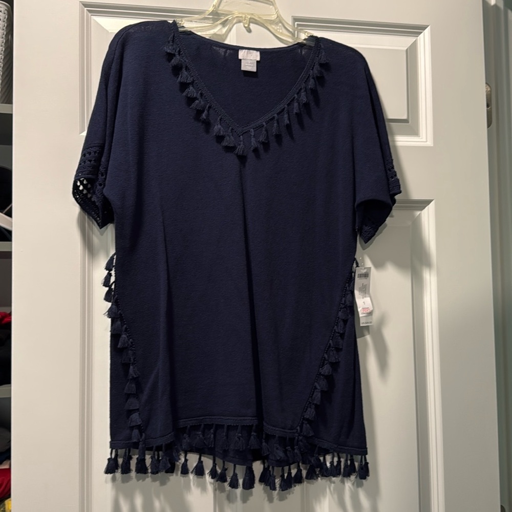 Chico’s navy blue pullover tassel trim sweater size 1 chico’s sizing NWT